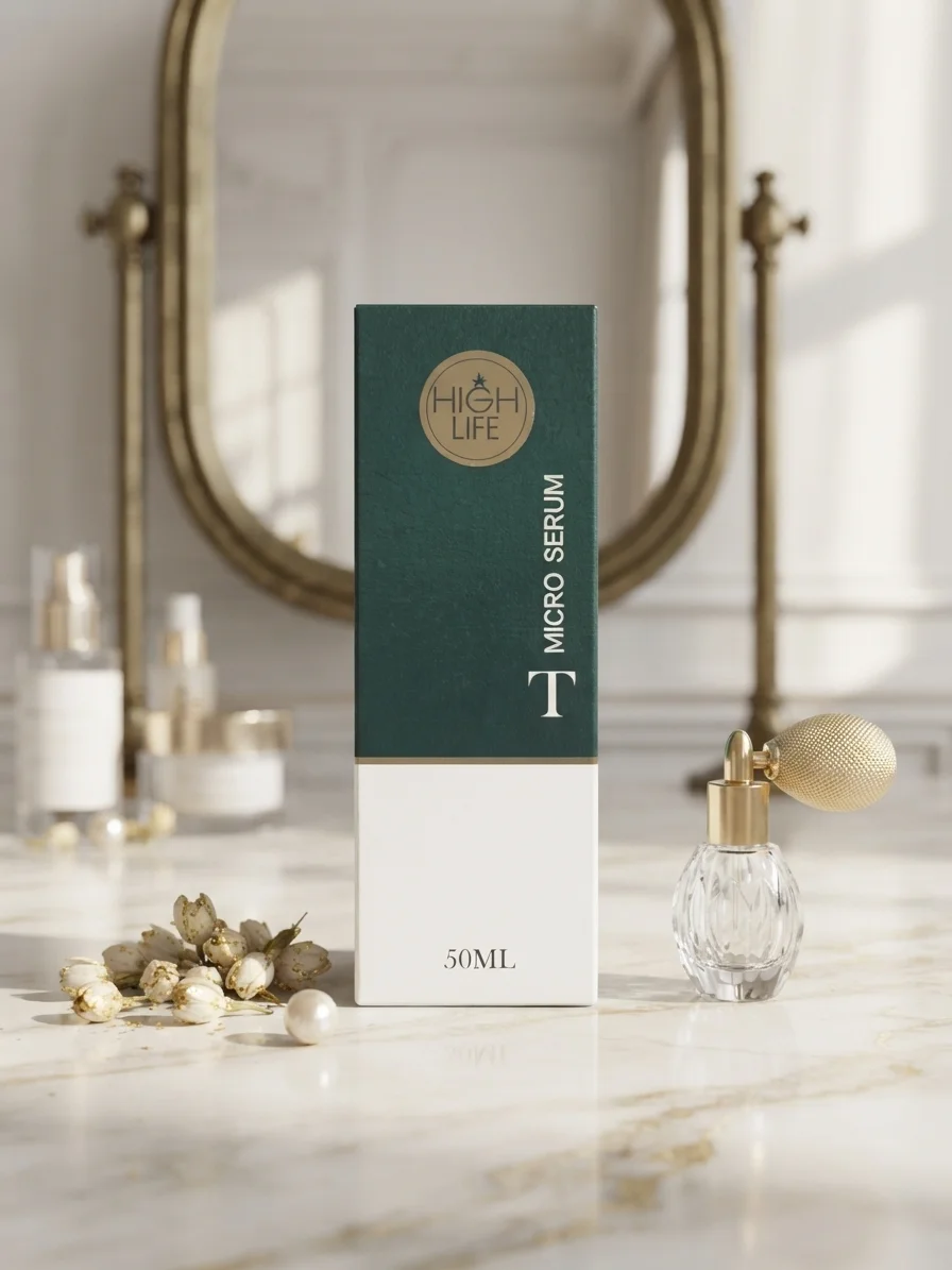 بسته‌بندی MICRO SERUM برند HIGH LIFE با طراحی لوکس سبز، کرم و طلایی، طراحی و تولیدشده در قالب همکاری مستمر بسته‌بندی و چاپ.