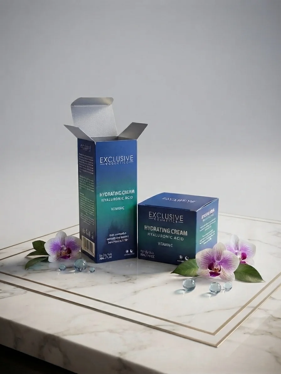 بسته‌بندی کرم آبرسان EXCLUSIVE طراحی و تولیدشده برای کارخانه Swit Pharma با جعبه‌های آبی و سبز حاوی هیالورونیک اسید و ویتامین C.